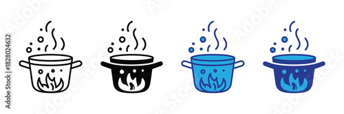 Illustration of a pot with boiling water and steam rising, depicting cooking, heating, and culinary processes with fire element.