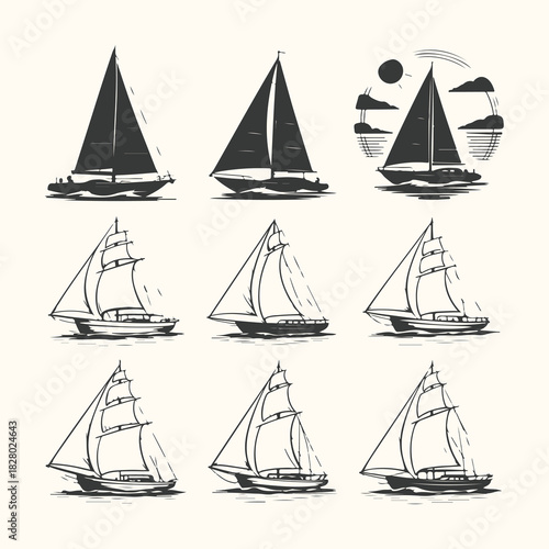 Vector art of collection of nine vintage sailboat illustrations, each depicting a different sailing vessel in a unique artistic style, isolated on a cream background