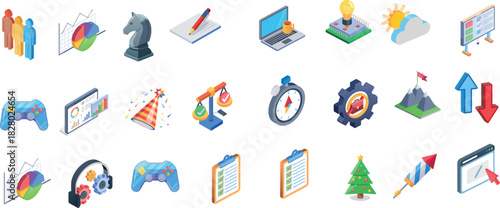 Isometric Business, Technology, Gaming, and Holiday Icons Collection