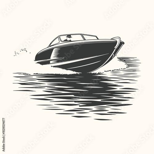Vector art of vintage speedboat cutting through water with a wake behind it, rendered in a classic black and white illustration style