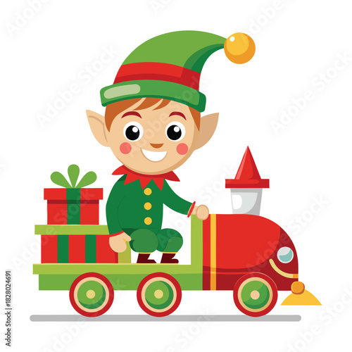 Cute Christmas elf holding gifts on white background cartoon illustration