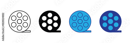 Collection of film reel icons showing different styles and colors like outline, solid black, and vibrant blues, isolated on white background.