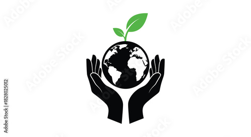 Hands holding earth with sprout growing environmental conservation silhouette