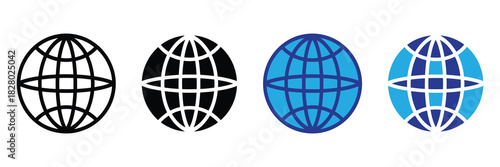 Set of four globe icons in black, solid black, blue outline, and blue filled variations for representing internet and global concepts. (111 characters)