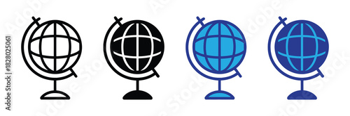 Four variations of a globe icon: outline, solid black, and two blue color variations, presented on a white background.
