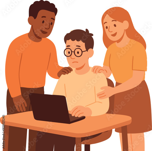 A flat illustration shows two supportive coworkers comforting a worried colleague working at a laptop, creating a warm and empathetic office atmosphere.