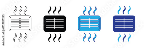 Set of four icons depicting ventilation grills with stylized steam or airflow lines above and below, in outline, black, light blue, and dark blue styles.