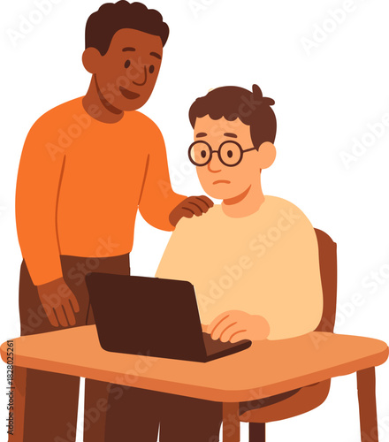 A flat illustration shows a supportive coworker gently comforting a worried colleague working on a laptop, creating an atmosphere of empathy and encouragement.