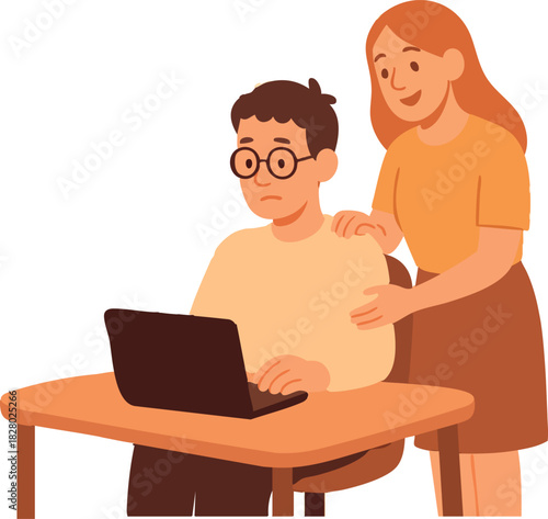 A flat illustration shows a supportive coworker gently comforting a worried colleague working on a laptop, creating a warm and empathetic office mood.