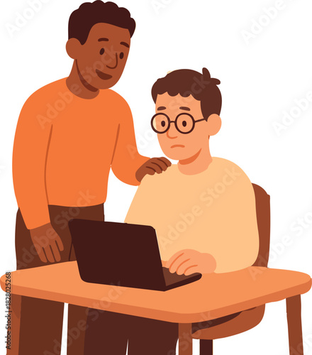 A flat illustration shows a supportive coworker gently comforting a worried colleague working on a laptop, creating an atmosphere of empathy and encouragement.