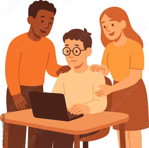 A flat illustration shows two supportive coworkers comforting a worried colleague working at a laptop, creating a warm and empathetic office atmosphere.