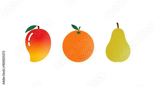 Vibrant graphic illustration of a delicious mango, a bright orange, and a sweet green pear, symbolizing healthy eating, natural goodness, and fresh produce variety
