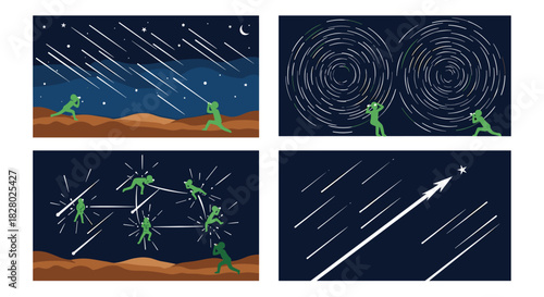 Creative illustrations of green alien figures interacting with meteor showers, star trails, and constellations in the night sky.