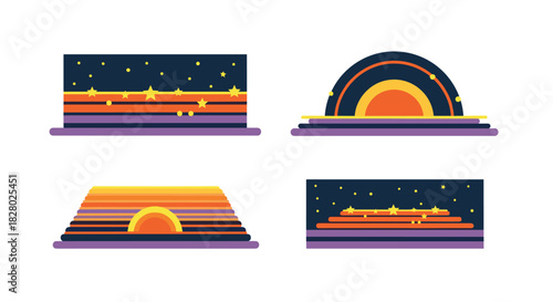 Set of abstract architectural or stage designs featuring layered steps with sunset gradients, stars, and celestial themes.