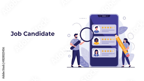 Job Candidate Selection and Recruitment App Illustration. HR specialists evaluating resumes, rating applicants, and choosing the best employee using a mobile device.