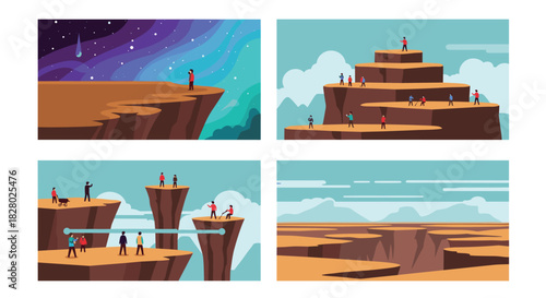 A set of four illustrations showing people standing on cliff edges, observing vast canyons and a beautiful cosmic nebula.