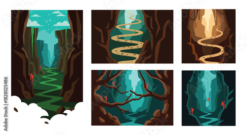 A set of five illustrations depicting people rock climbing and exploring the depths of a mysterious and winding canyon.