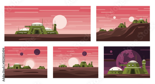 A collection of five illustrations showing a futuristic military or science base on the surface of an alien planet with a pink sky.