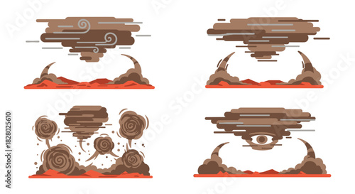 Collection of stylized dust storm and tornado illustrations over a desolate landscape, including a variation with a mystical eye.