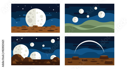 Four pixel art backgrounds depicting alien planet landscapes with large moons, craters, and starry night skies for video games.