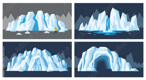Pixel art collection of arctic and antarctic landscapes featuring glaciers, icebergs, an ice cave, and a photographer explorer.