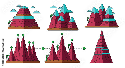 Set of illustrations showing mountain climbing progression, routes, and achievements with climbers and snowy peaks in a flat style.