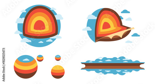 Illustrations showing the cross-section of a planet's core, layers of the earth, and abstract spherical geological concepts.