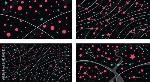 Four abstract space backgrounds featuring constellations, stars, and celestial bodies in pink and teal against a black backdrop.