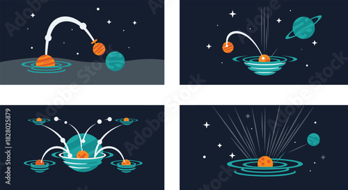 Conceptual scenes of planets behaving like bouncing balls, creating ripples in space-time and interacting with celestial bodies.