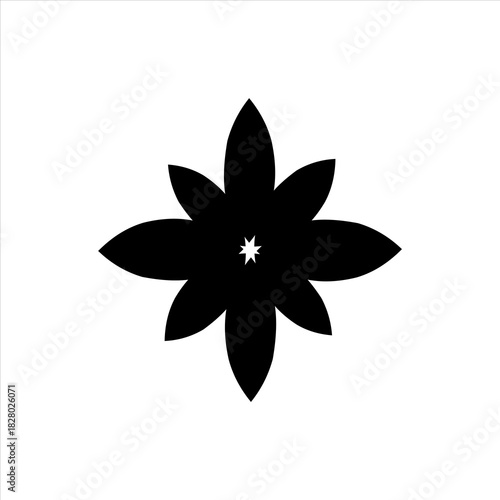 Black and white illustration of a stylized eight-petal flower with a small central star.