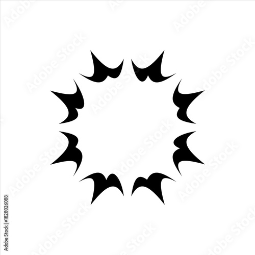 Abstract black starburst or explosion graphic design element on a white background, featuring jagged, spiky edges forming a circular pattern.