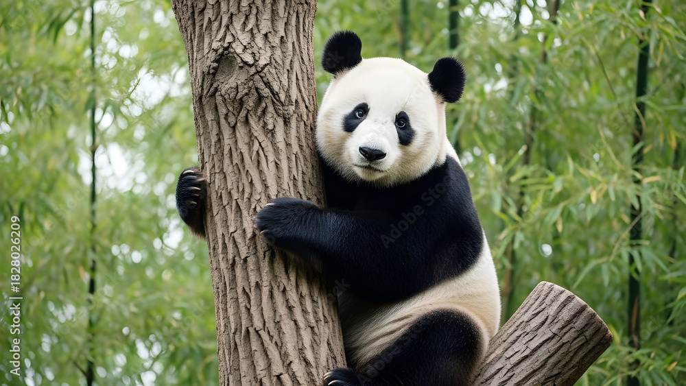Fototapeta premium Adorable Giant Panda Bear Clinging to a Tree Trunk in a Verdant Bamboo Forest animal wildlife