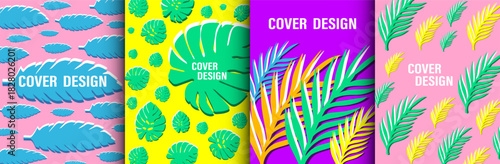 Brightly colored plant leaves covers background, banner, flyer. Posters card frame typography design with leaves. Set Template for advertising, web, social media