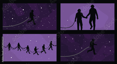 Conceptual illustrations of silhouetted figures walking through a starry cosmos, connected by ropes and chains in a purple nebula.