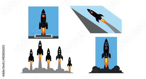 A set of simple, flat design illustrations showing black rockets launching individually and as a group with fire and smoke.