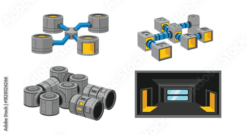 Isometric and front-view illustrations of modular space station components, corridors, and interconnected habitat modules.