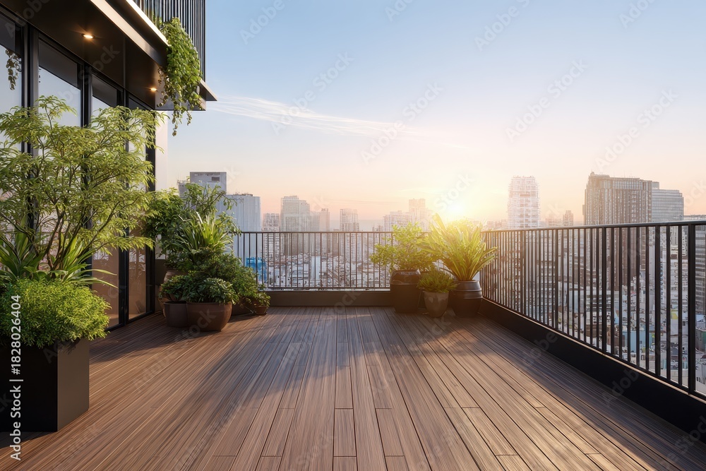 Obraz premium Modern spacious balcony offers stunning view of city skyline during sunset with lush greenery and warm sunlight enhancing the peaceful atmosphere