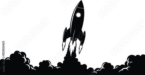 Black and silhouette illustration of a retro rocket launching upwards with smoke and fire billowing from its base against