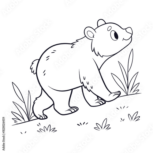 Adorable cartoon bear cub walking and looking up, a playful animal line art illustration. Vector