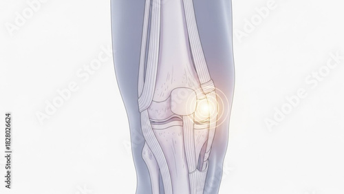 Illustration of a human knee joint showing ligaments and bones with a highlighted area of potential pain