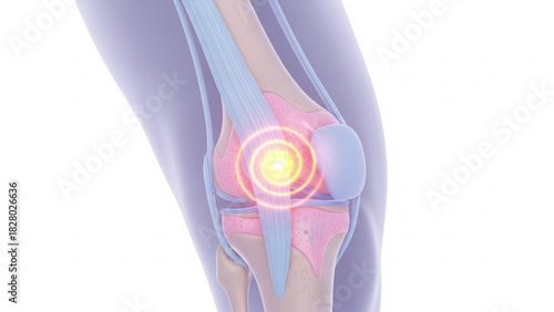 Illustration of a knee joint with highlighted pain area showing potential injury or inflammation and anatomy