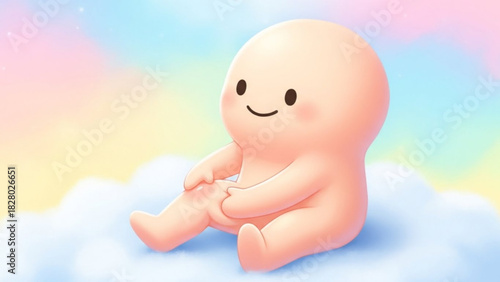 Cartoonish peach colored creature sitting on a cloud with a pastel rainbow background in a cute style