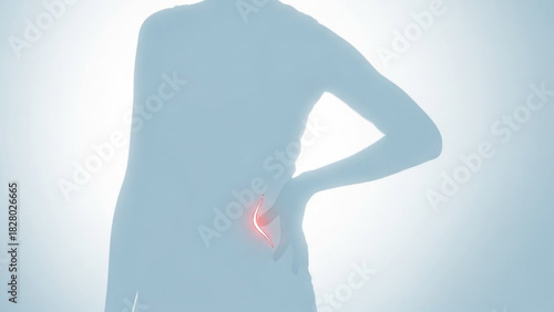 Silhouette of person with hand on hip and red accent on lower back indicating pain or discomfort area