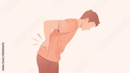 Illustration of a man experiencing back pain with radiating lines indicating discomfort and posture issues