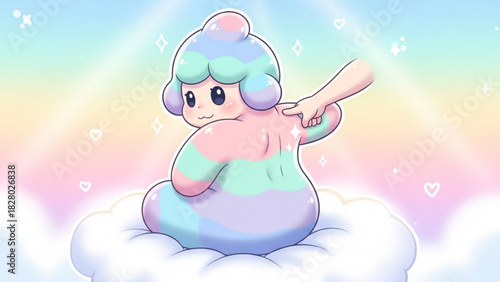 Pastel colored character on a cloud with a hand touching its back and a rainbow background present