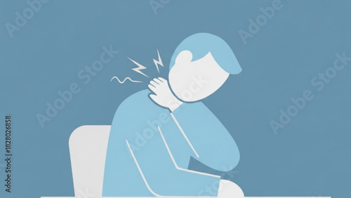 Person experiencing neck pain with hand on neck and lightning bolt pain indicators on blue background