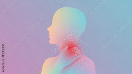 Person with neck pain holding their painful neck with radiating pain waves illustration