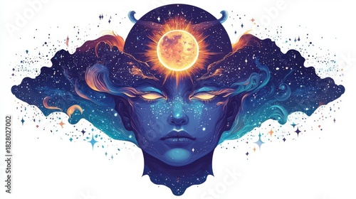 A stunning cosmic artwork depicting a mystical figure surrounded by vibrant colors and celestial elements.
