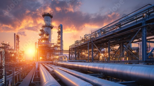 Industrial refinery at sunset with glowing pipelines