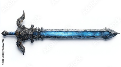 A beautifully crafted fantasy sword with intricate details and a glowing blue blade, perfect for creative projects.